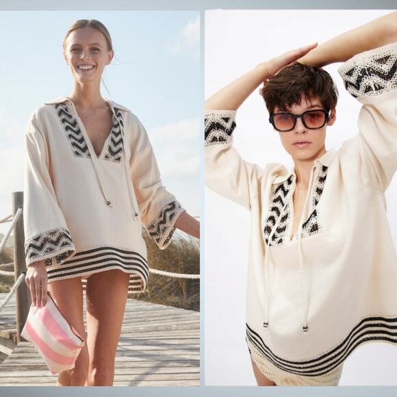 ZARA Crochet Linen Blend Tunic Top Beach Coastal V-Neck Cream Black Relaxed - Picture 1 of 16